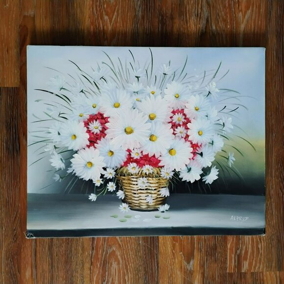 Vintage Original Oil Painting Still Life Basket Flowers Floral Canvas Art 20x16